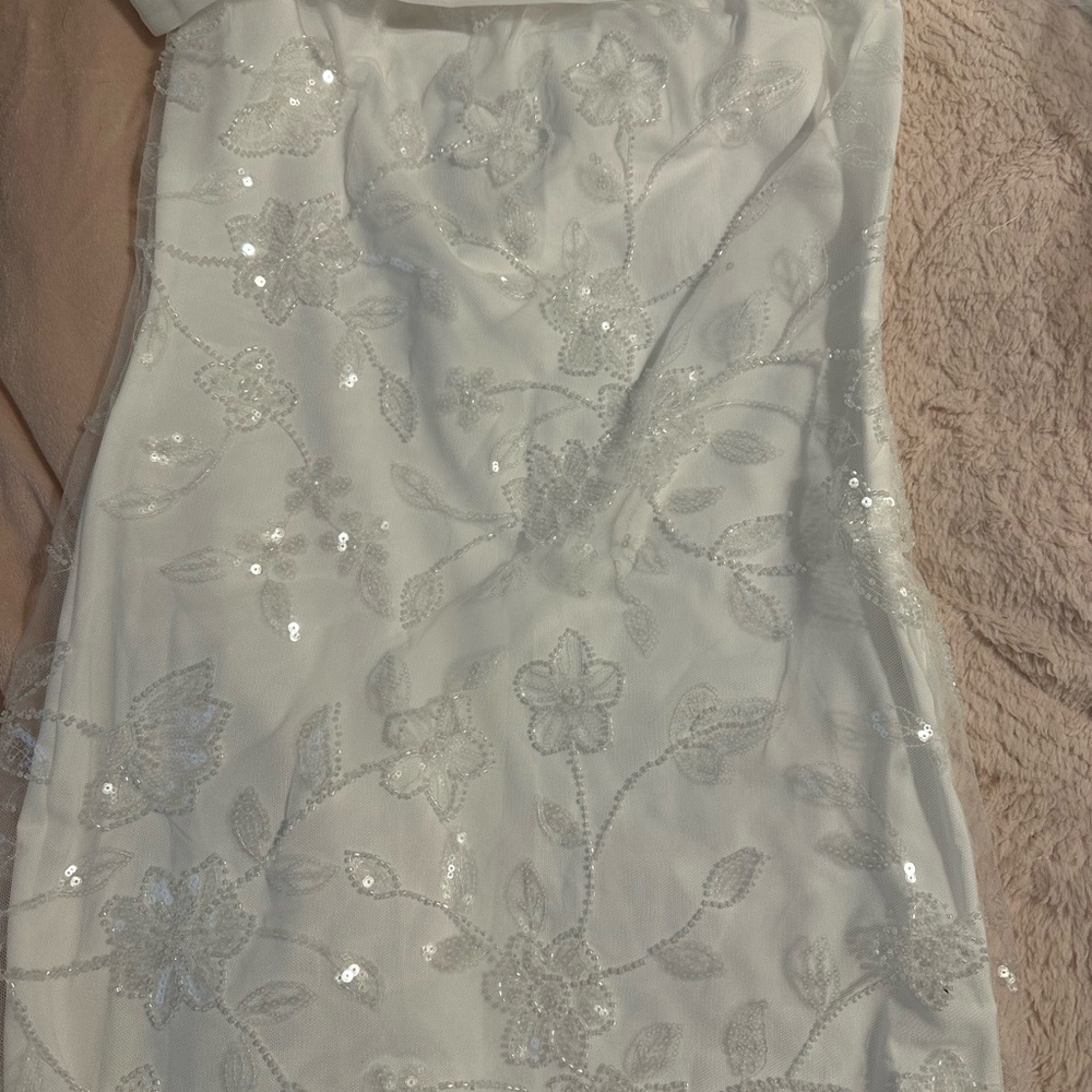 White Sequin Floral Strapless Dress